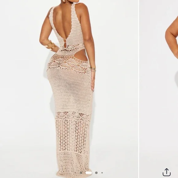 Fashion Nova Tan Crochet Maxi Dress so sexy on ❤️new !! Never used - Picture 2 of 5